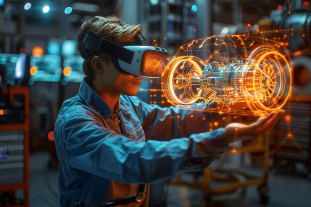 Photo a man is looking at a car with a vr headset on