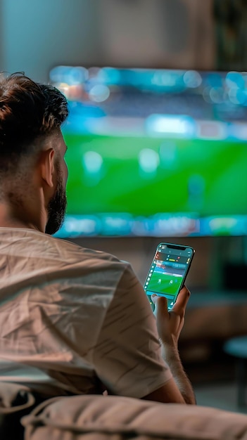 a man is looking at a cell phone with a screen showing a game on the screen