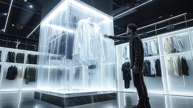 Photo a man is looking at a clothing display in a store