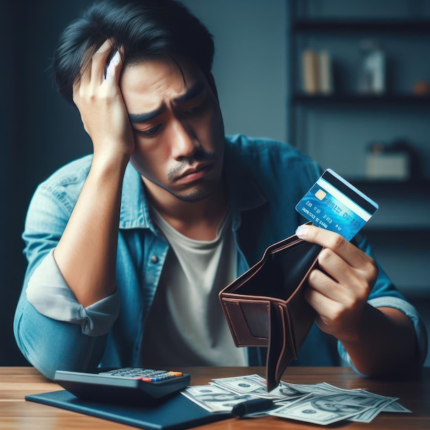 a man is looking at a credit card that has a credit card in it