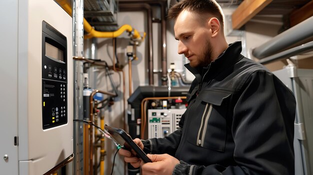 a man is looking at a device that is in a room with a lot of pipes