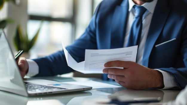 a man is looking at a document that says quot for quot in the top left corner