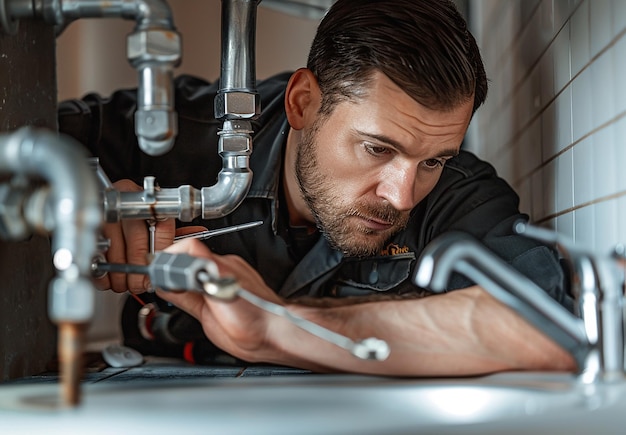 Photo a man is looking down at a faucet that is turned upside down