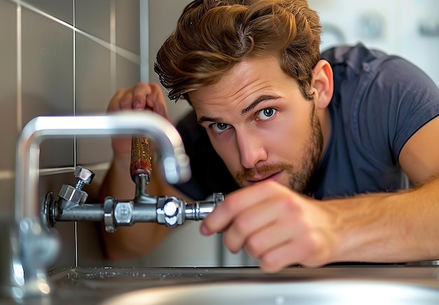 a man is looking at a faucet that is open to his face