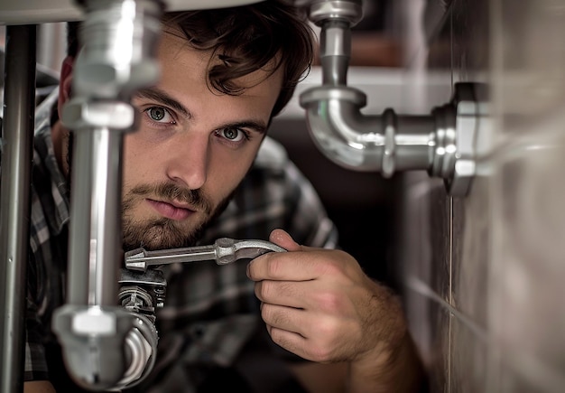 a man is looking at a faucet that is under a sink