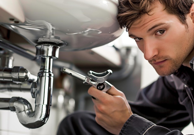 Photo a man is looking at a faucet that is under a sink