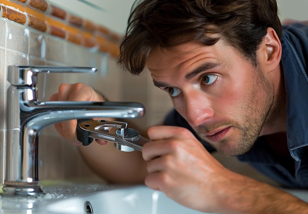 a man is looking at a faucet that is upside down