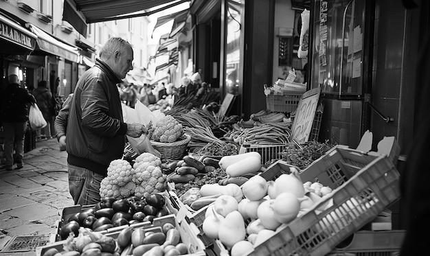 a man is looking at a fruit stand with a basket of vegetables