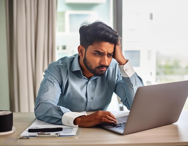 a man is looking at a laptop with a man on it