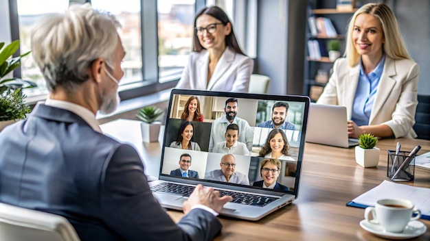 a man is looking at a laptop with many pictures on it