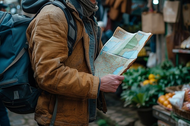 Photo a man is looking at a map that says map