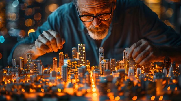 A man is looking at a model of a building The building is made of wood and has a lot of windows The man is wearing glasses and he is examining the model closely