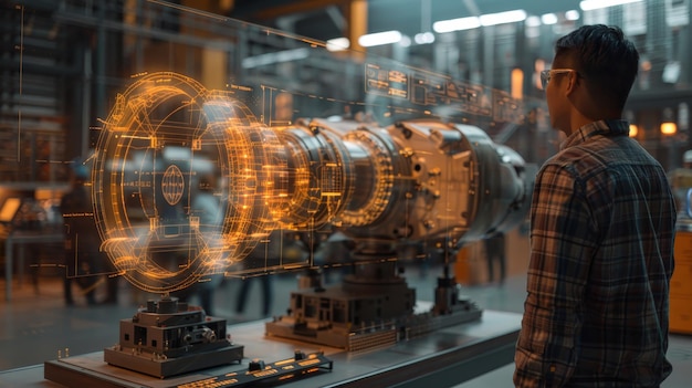 A man is looking at a model of a jet engine The engine is made of plastic and has a glowing orange h