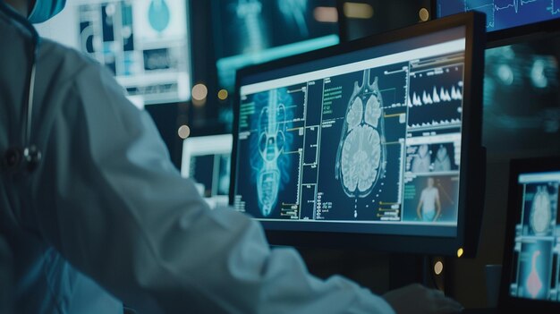 Photo a man is looking at a monitor with the brain drawn on it