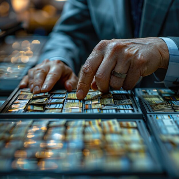 Photo a man is looking at a pan of coins that says currency