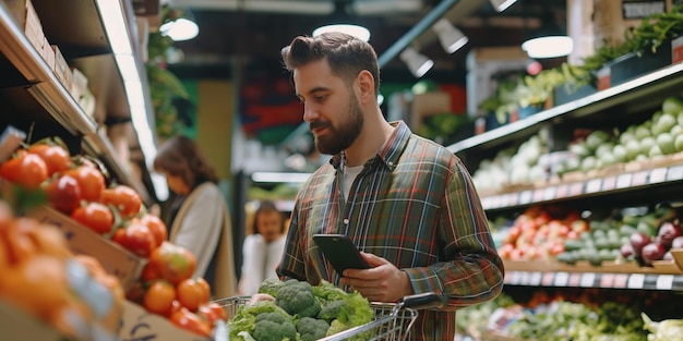 Photo a man is looking at a phone in a grocery store