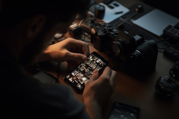 A man is looking at a phone with a camera on it.