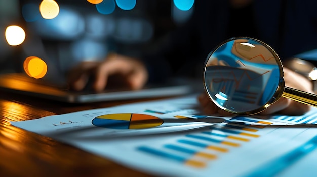 A man is looking at a piece of paper with pie charts on it