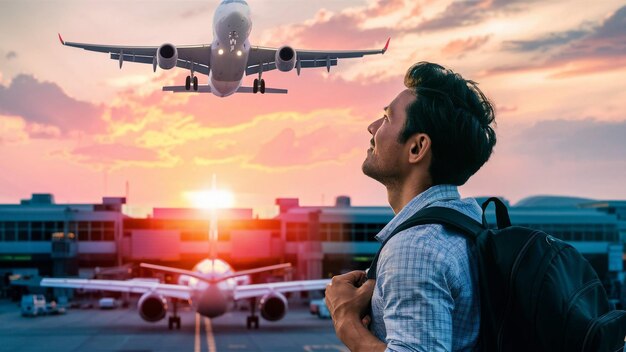 a man is looking at a plane that is flying in the sky