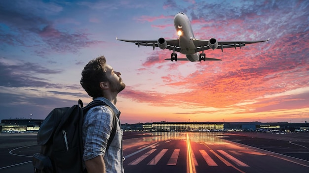 a man is looking at a plane that is flying in the sky