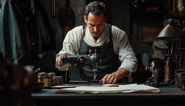 Photo a man is looking at a sewing machine