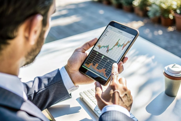 A man is looking at a stock market graph on his phone