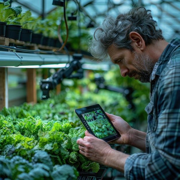 Photo a man is looking at a tablet that is in a greenhouse