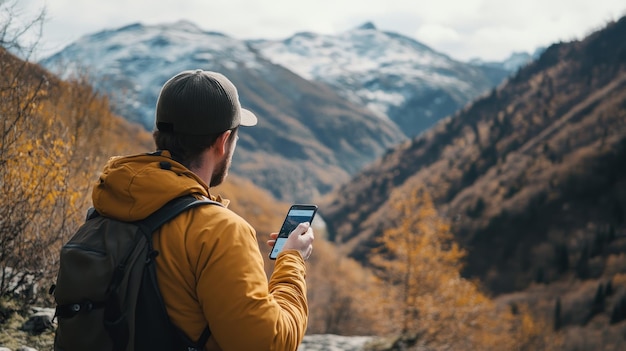 a man is looking at a tablet with a mountain in the background