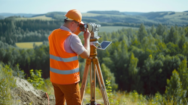 Photo a man is looking through a camera on a tripod