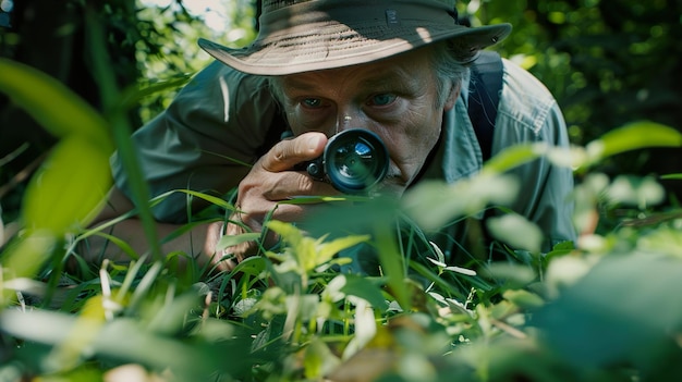 Photo a man is looking through a camera with a camera in his hand