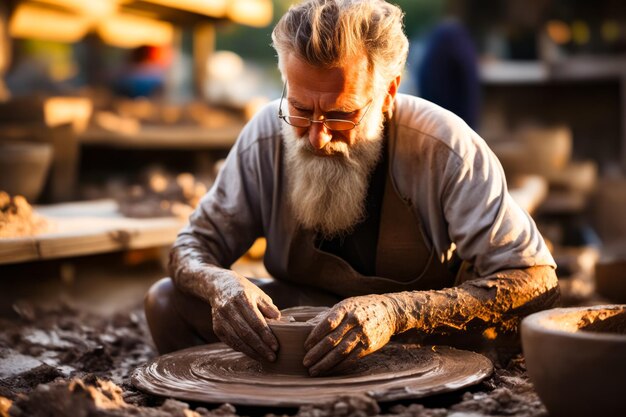 Man is making clay pot on wheel Generative AI