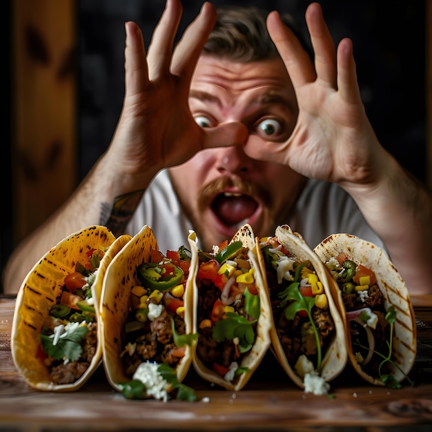 Photo a man is making a face with tacos on his face