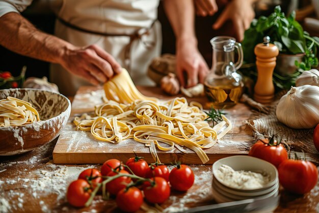 Photo a man is making pasta with tomatoes and basil