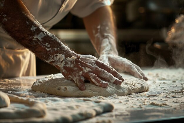 A man is making a pizza dough on a table