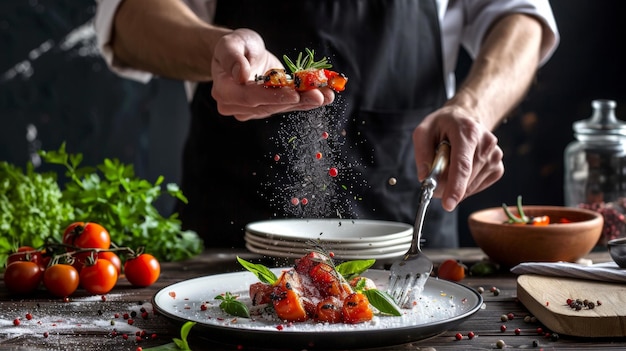 Photo a man is making a salad with a plate of food