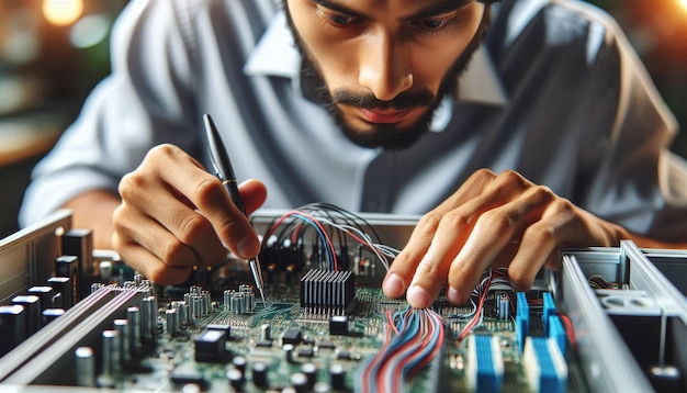 A man is meticulously fixing a circuit board with a pen with a focused look The composition emphas