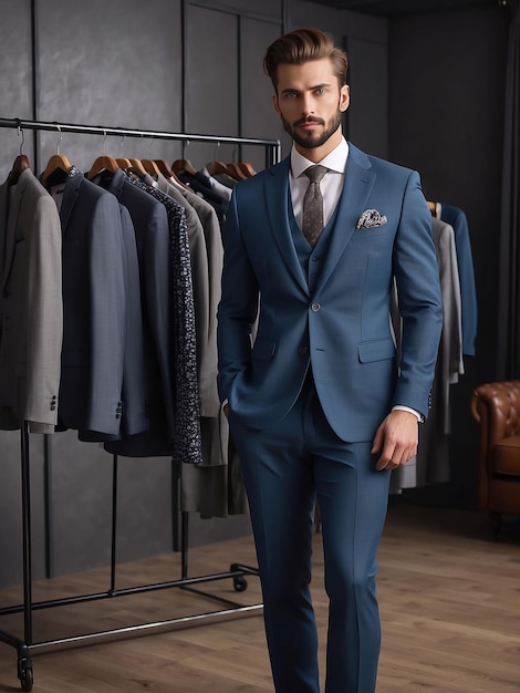 A man is modeling in a suit with a clothes rack behind him