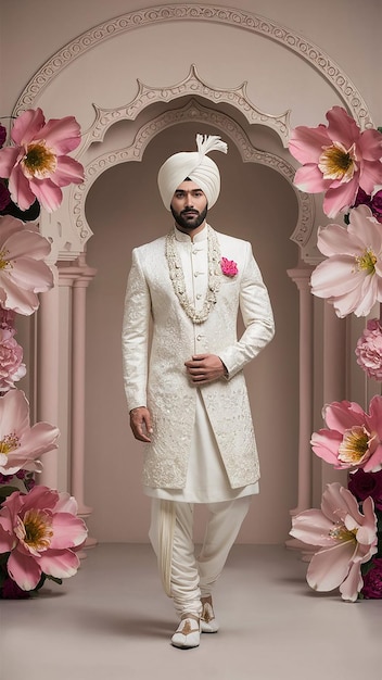 A man is modeling in white Punjabi