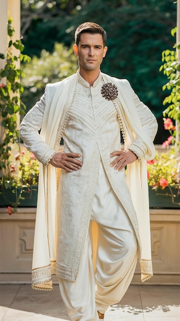 A man is modeling in white Punjabi