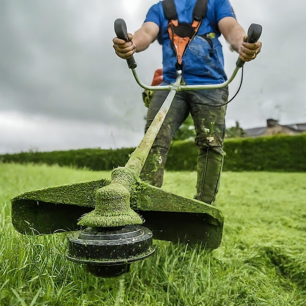 a man is mowing the lawn with a lawn mower