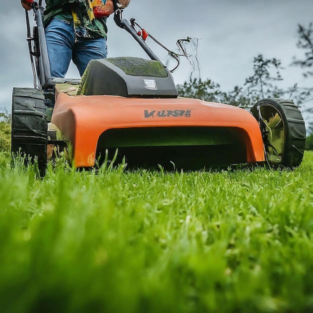 a man is mowing the lawn with a lawn mower