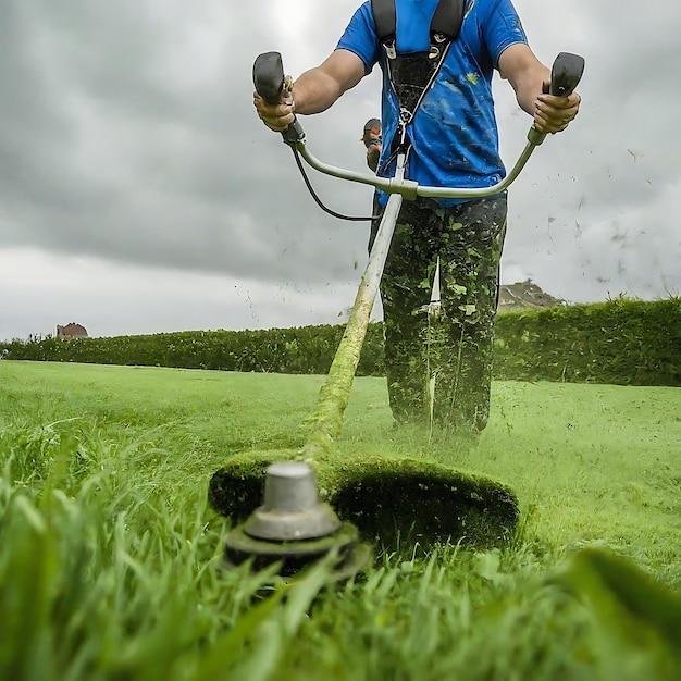 a man is mowing the lawn with a lawn mower