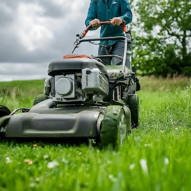 a man is mowing the lawn with a lawn mower