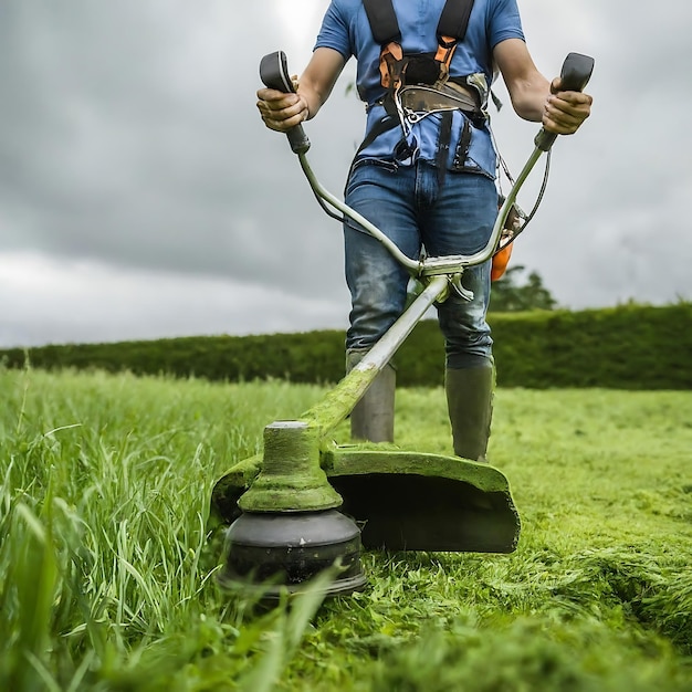 a man is mowing the lawn with a lawn mower