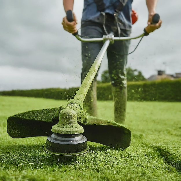 a man is mowing the lawn with a lawn mower