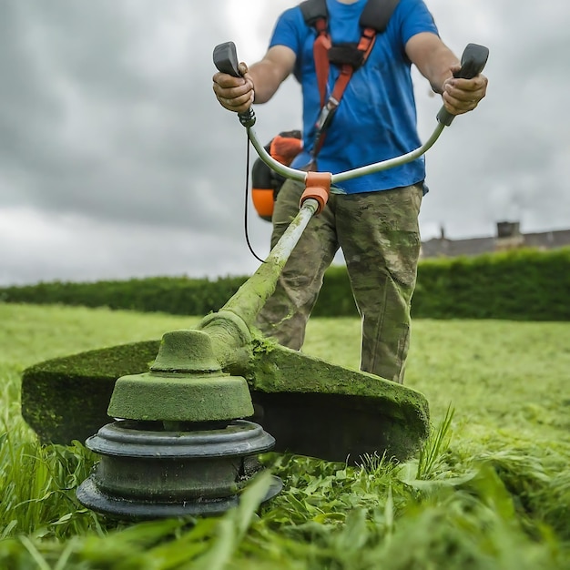 a man is mowing the lawn with a lawn mower