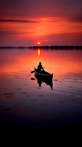 A man is paddling a canoe on a lake at sunset.