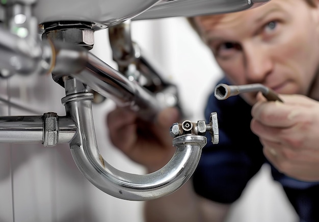 Photo a man is painting a faucet with a wrench