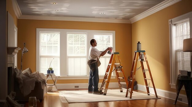 Photo a man is painting a ladder in a room with a ladder