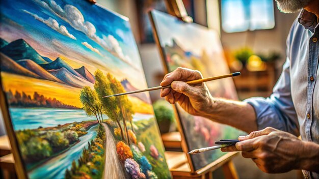 Photo a man is painting a landscape with trees and a bridge